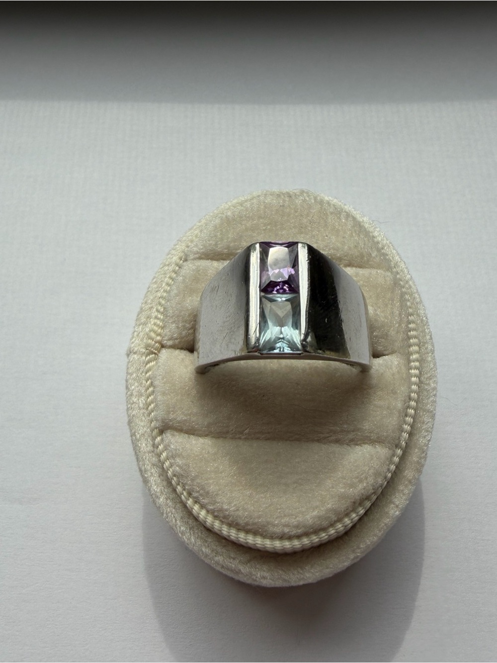 Silver Two-Gem Blue & Purple Ring Size 9 Chunky Modernist Statement Cocktail - Picture 8 of 8